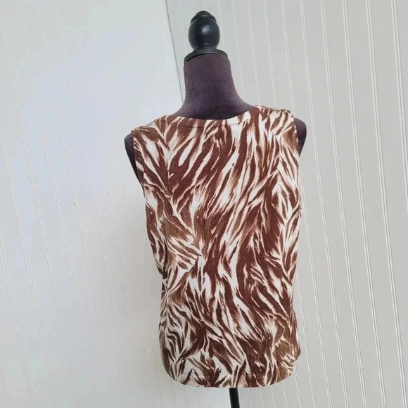 Talbots Women's Brown White Print Knit Stretch Sleeveless Shirt Top Sweater Sz L - Picture 9 of 10